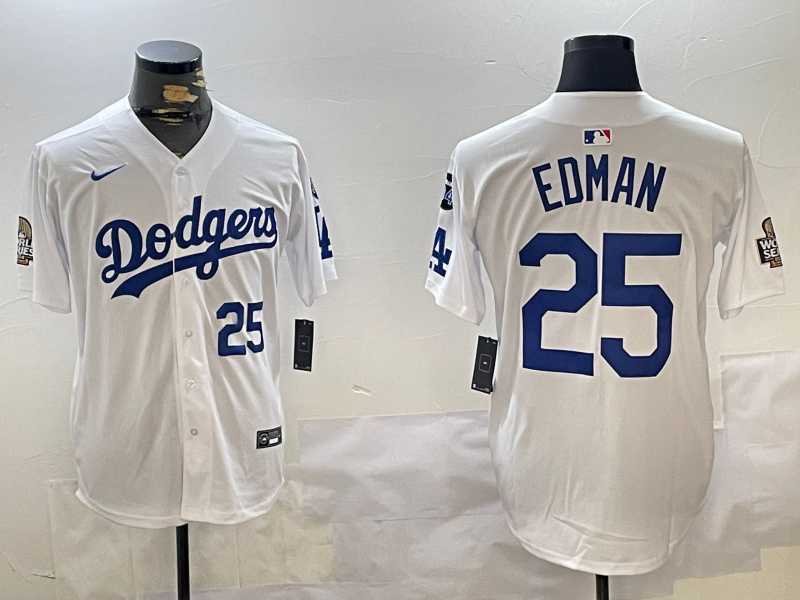 Mens Los Angeles Dodgers #25 Tommy Edman White 2024 World Series With Fernando Memorial Patch Home Limited Stitched Jersey